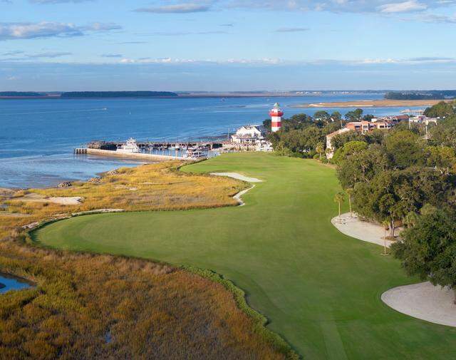 The newly restored 18th hole of Harbour Town Golf Links in Sea Pines, showcasing the resort’s iconic golf course.