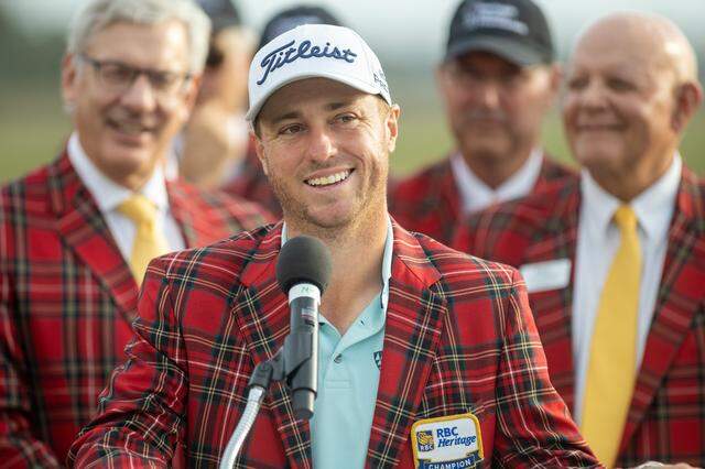 Justin Thomas speaks during the closing ceremony following the final round of the RBC Heritage Presented by Boeing at Harbour Town Golf Links on Sunday, April 20, 2025, in Sea Pines on Hilton Head Island.