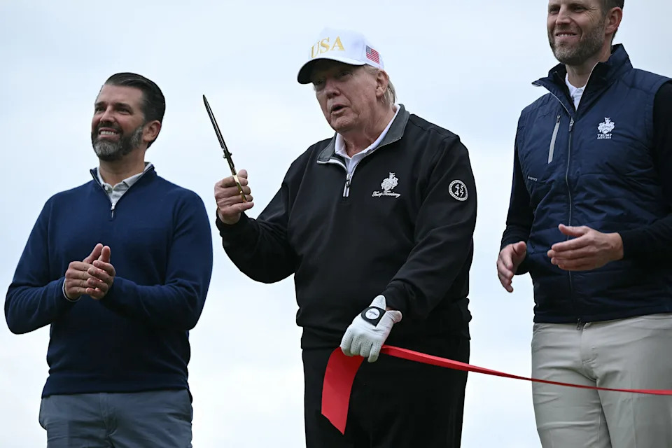 Trump spent much of his last trip to Scotland ranting about windmills to anyone who would listen. / BRENDAN SMIALOWSKI / AFP via Getty Images