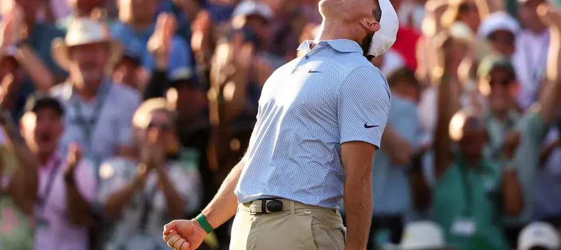 Apr 12, 2026; Augusta, Georgia, USA; Rory McIlroy reacts after making a putt to win the 2026 Masters Tournament at Augusta National Golf Club. Mandatory Credit: Bill Streicher-Imagn Images