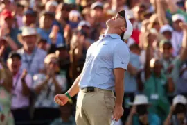 Apr 12, 2026; Augusta, Georgia, USA; Rory McIlroy reacts after making a putt to win the 2026 Masters Tournament at Augusta National Golf Club. Mandatory Credit: Bill Streicher-Imagn Images