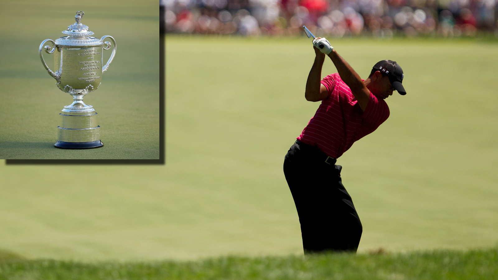 golfer Tiger Woods next to PGA Championship Wanamaker Trophy