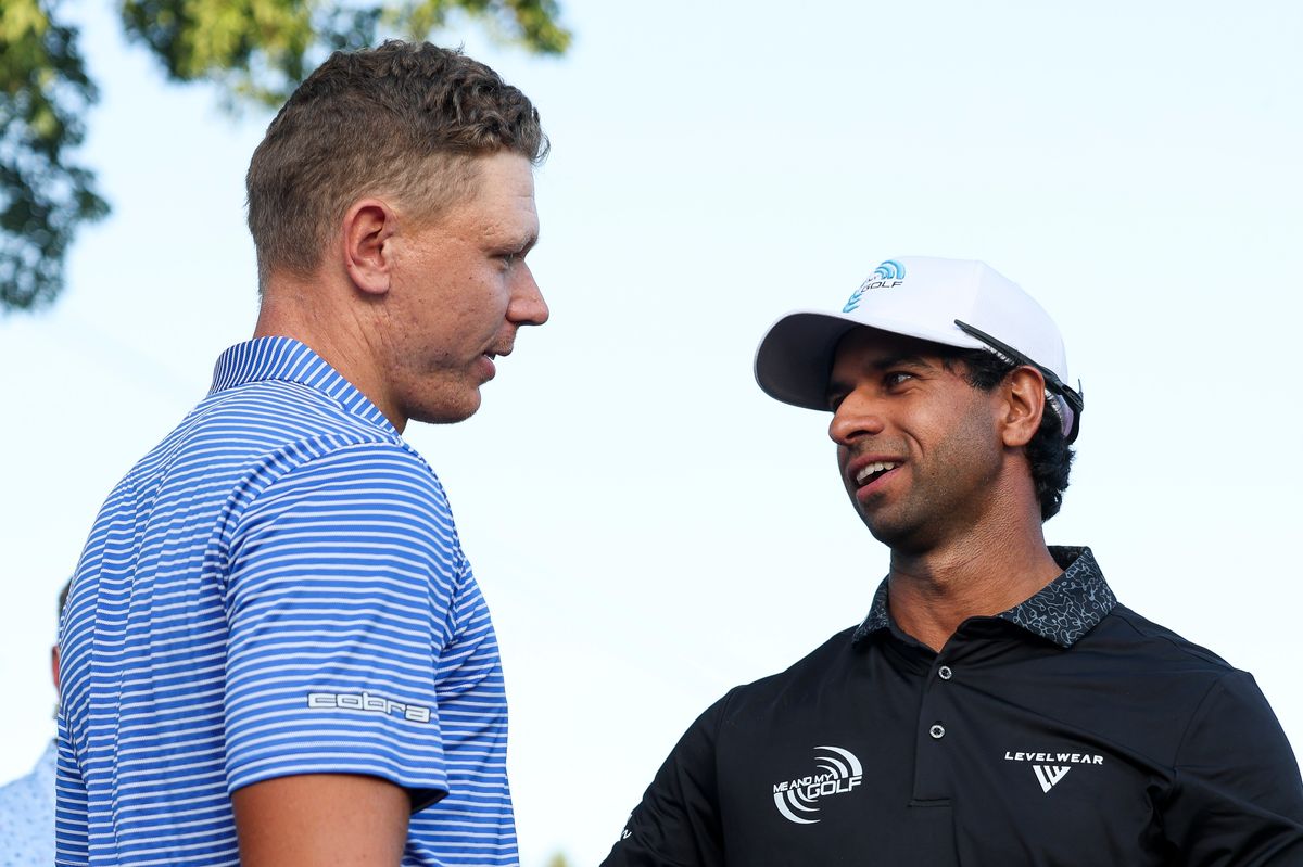 Aaron Rai and Matti Schmid talk after the final round of the PGA Championship at Aronimink Golf Club