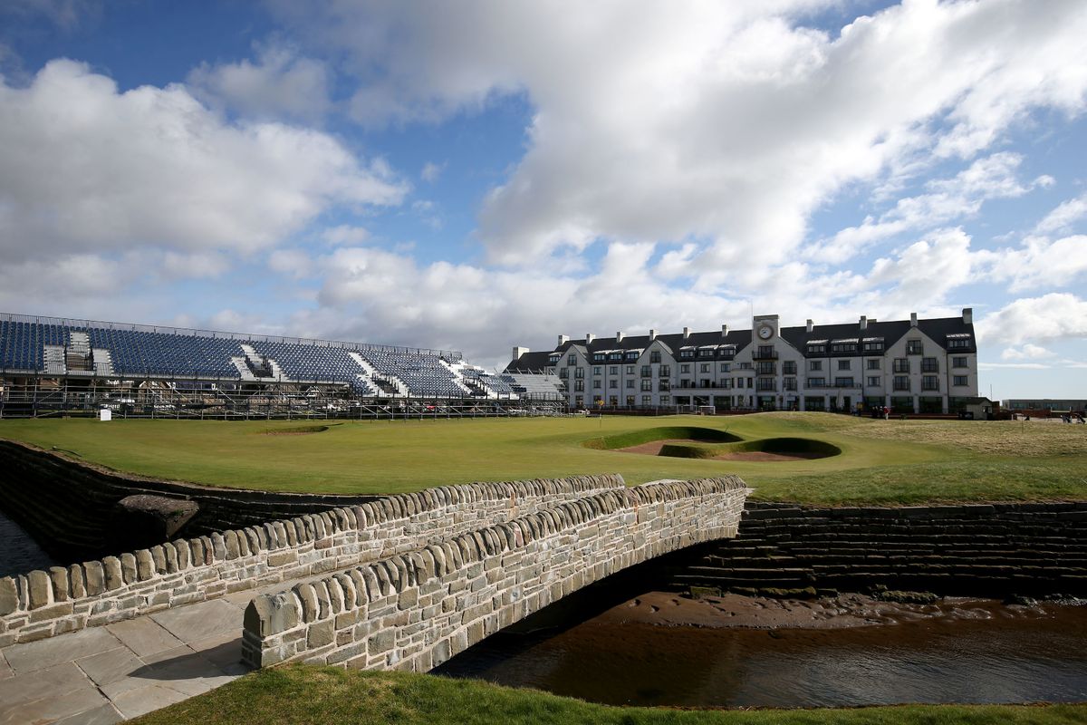 A view across the 18th green towards the club house at Carnoustie Golf Club