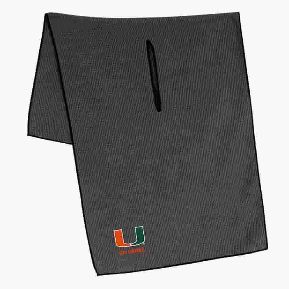 A dark gray sports towel with a horizontal slit in the middle and the University of Miami U logo in orange and green at one corner—an ideal accessory to pair with the best golf bags 2026 for added style and function on the course.