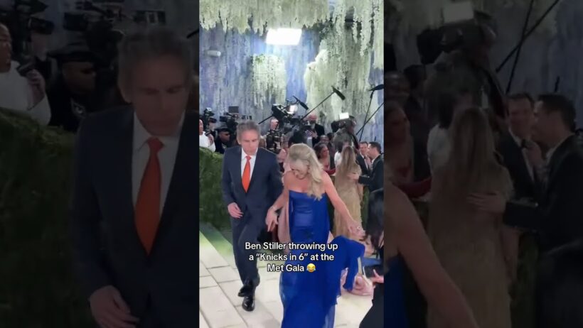 Ben Stiller and Christine Taylor popped out to the #MetGala in Knicks colors 🔥