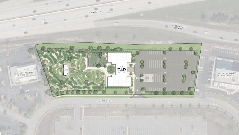 Curbside rendering of Par Greenville, a new golfing, dining and complete social experience, is expected to open in early 2027 at 112 Millport Circle in Greenville, S.C.