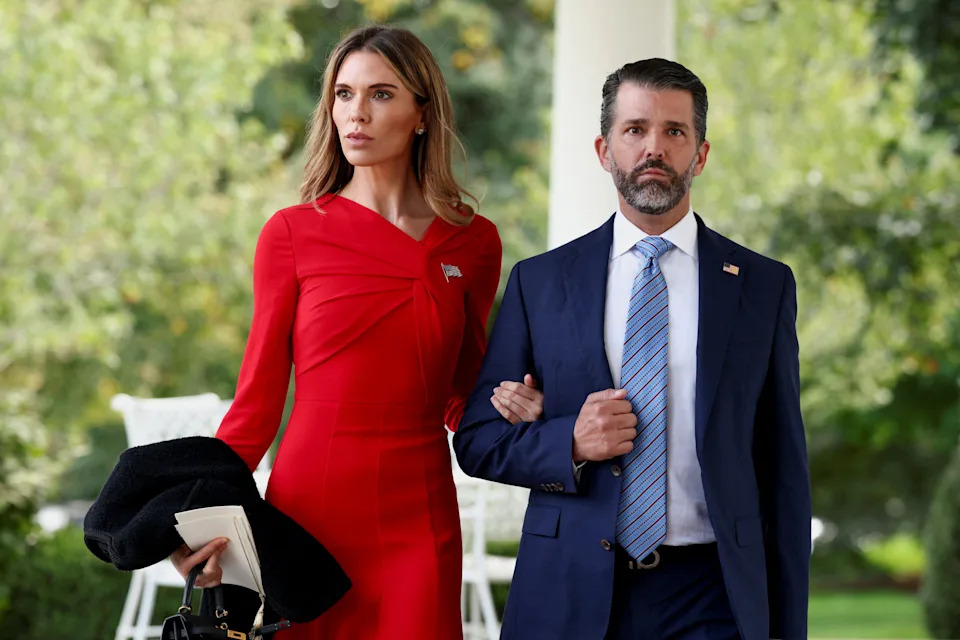 Donald Trump Jr. and Bettina Anderson attend a ceremony held by President Donald Trump to award posthumously the Medal of Freedom to Charlie Kirk in the Rose Garden at the White House in Washington, D.C., Oct. 14, 2025.