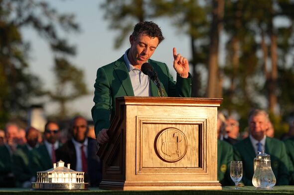 Rory McIlroy speaks at the Green Jacket ceremony after winning the 2026 Masters