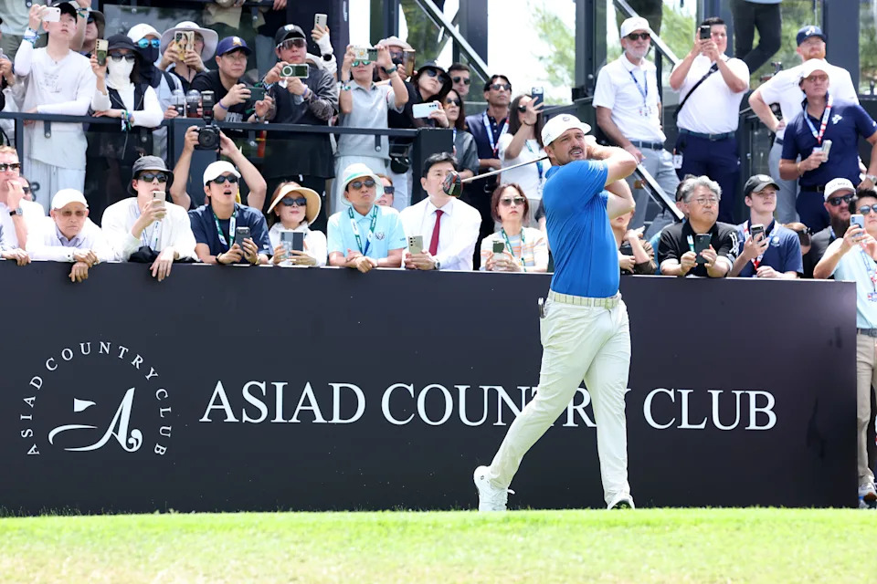 Bryson DeChambeau of Crushers GC plays his tee shot on the first hole during Day 1 of the 2026 LIV Golf Korea event at Asiad Country Club.