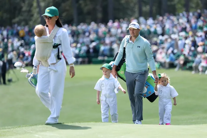Jordan Spieth walks with his wife Annie, son Sammy, daughter Sophie and son Sully during the Par 3 Contest prior to the 2026 Masters Tournament at Augusta National Golf Club.