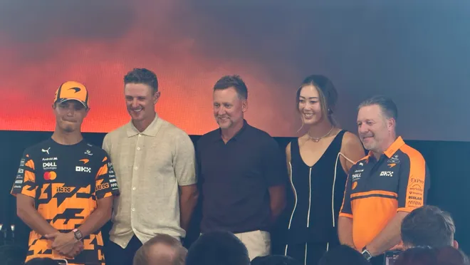 Kandi Norris, Justin Rose, Ian Poulter, Michelle Wie-West and Zak Brown at the McLaren Golf launch event.