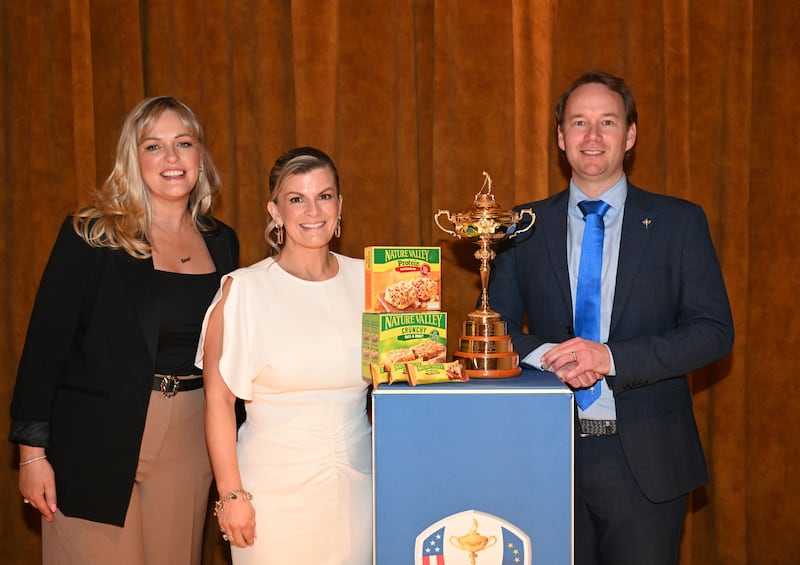 Pictured at the partnership at Pitch in Dublin 2 (l-r) are Serena Massey, senior business account manager, General Mills; Gráinne Galvin, country manager Ireland, General Mills; and Patrick McKinney, partnerships sales Manager, 2027 Ryder Cup. Photographer: Michelle Cooper