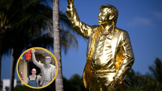 photo of a golden statue of Donald Trump with his fist in the air in front of an evening sky and palm trees, overlaid with a photo of the sculptor