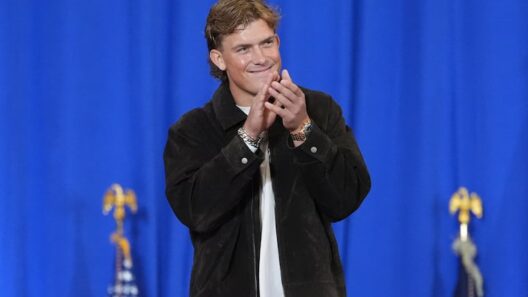 New York Giants quarterback Jaxson Dart introduces President Donald Trump at Rockland Community College on Friday.
