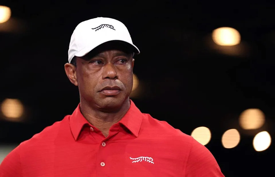 Tiger Woods of Jupiter Links Golf Club looks on after the match against the Los Angeles Golf Club at SoFi Center on March 24, 2026 in Palm Beach Gardens, Florida.