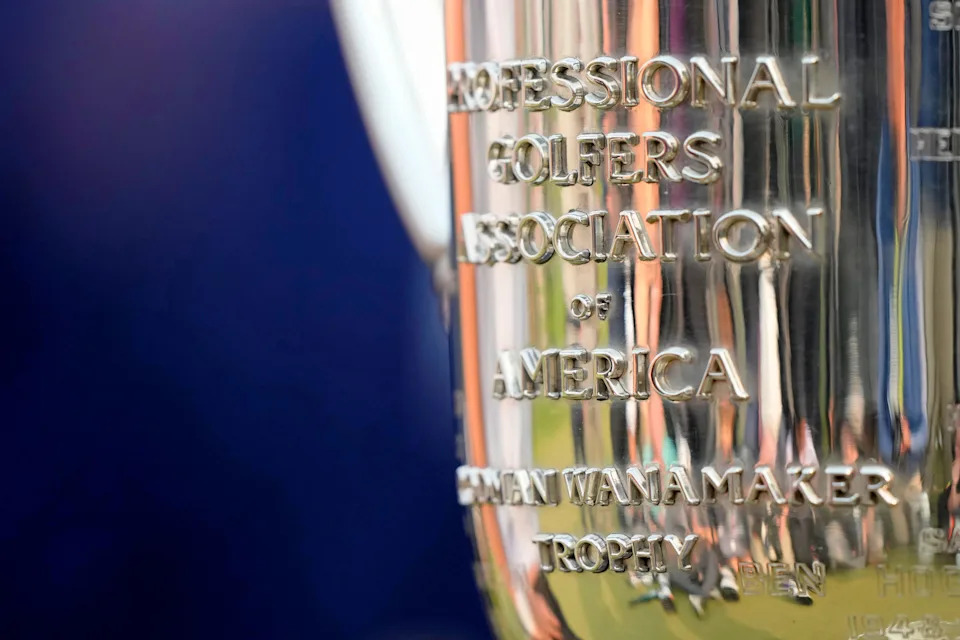 The Wanamaker Trophy on display during the final round of the 2023 PGA Championship at Oak Hill Country Club in Rochester, New York.