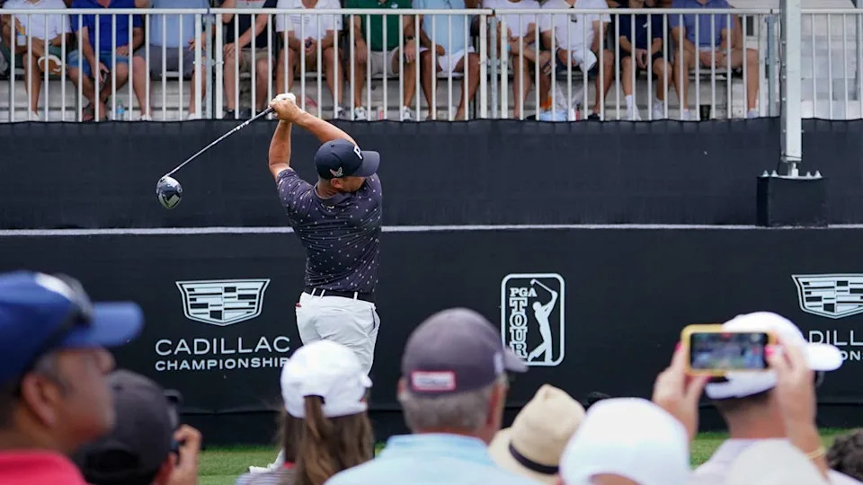 May 2, 2026; Miami, Florida, USA; Gary Woodland plays his tee shot on the first hole during the third round of the Cadillac Championship golf tournament. Mandatory Credit: Jeff Romance-Imagn Images© Jeff Romance-Imagn Images.