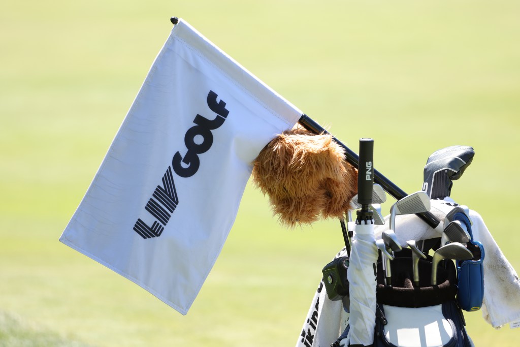 A detailed view of a flag with LIV Golf logo is seen during the pro-am prior to the LIV Golf Invitational - Portland at Pumpkin Ridge Golf Club on June 29, 2022 in North Plains, Oregon.