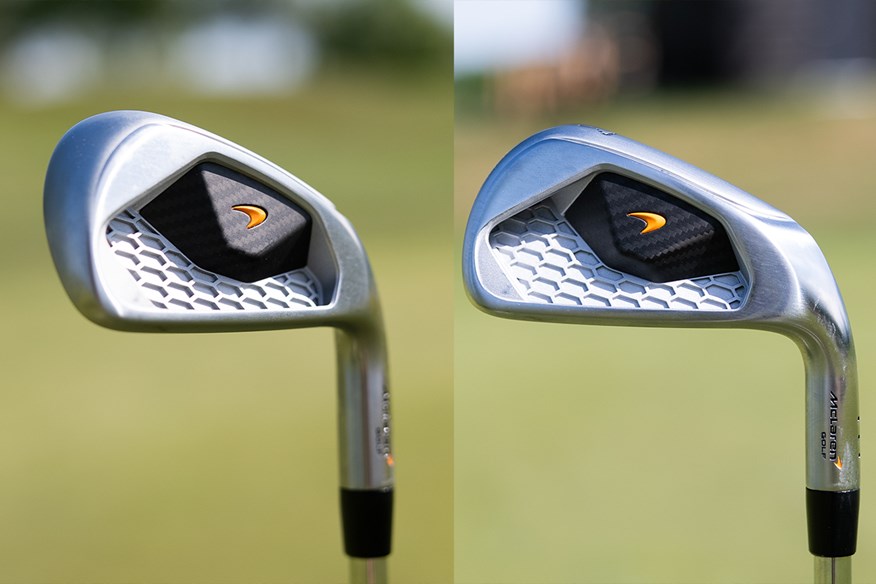 Two images of the McLaren Golf Series 3 iron head on, showing the innovation in the head