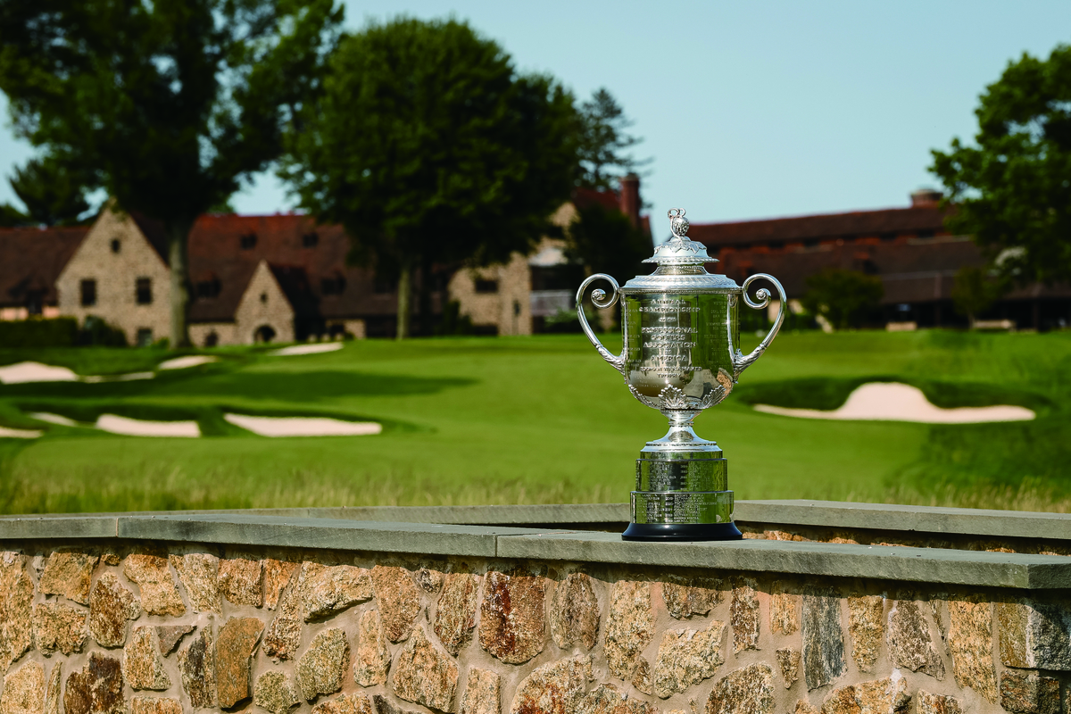 The Wanamaker Trophy, awarded to the PGA Championship winner, displayed against the 17th hole at Aronimink Golf Club. Getty Images - Seoul Economic Daily Sports News from South Korea