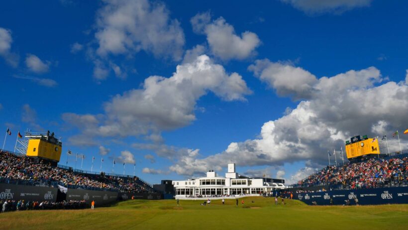 The 18th hole and clubhouse at Royal Birkdale surrounded by grandstands during The Open in 2017.
