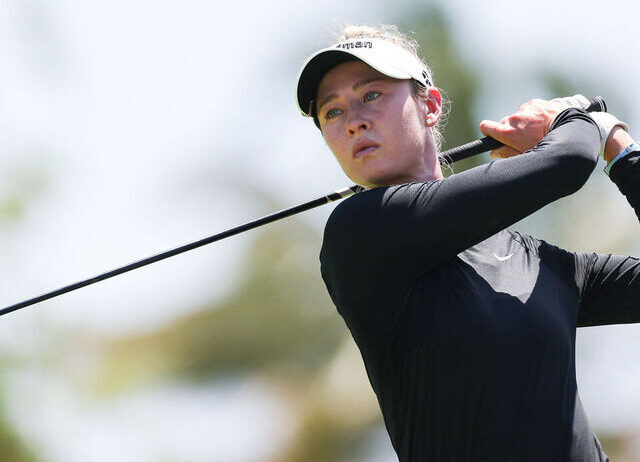 PLAYA DEL CARMEN, MEXICO - MAY 01: Nelly Korda of the United States swings before playing her shot from the 16th tee during the second round of the Mexico Riviera Maya Open at Mayakoba 2026 at El Camaleon at Mayakoba on May 01, 2026 in Playa del Carmen, Mexico.