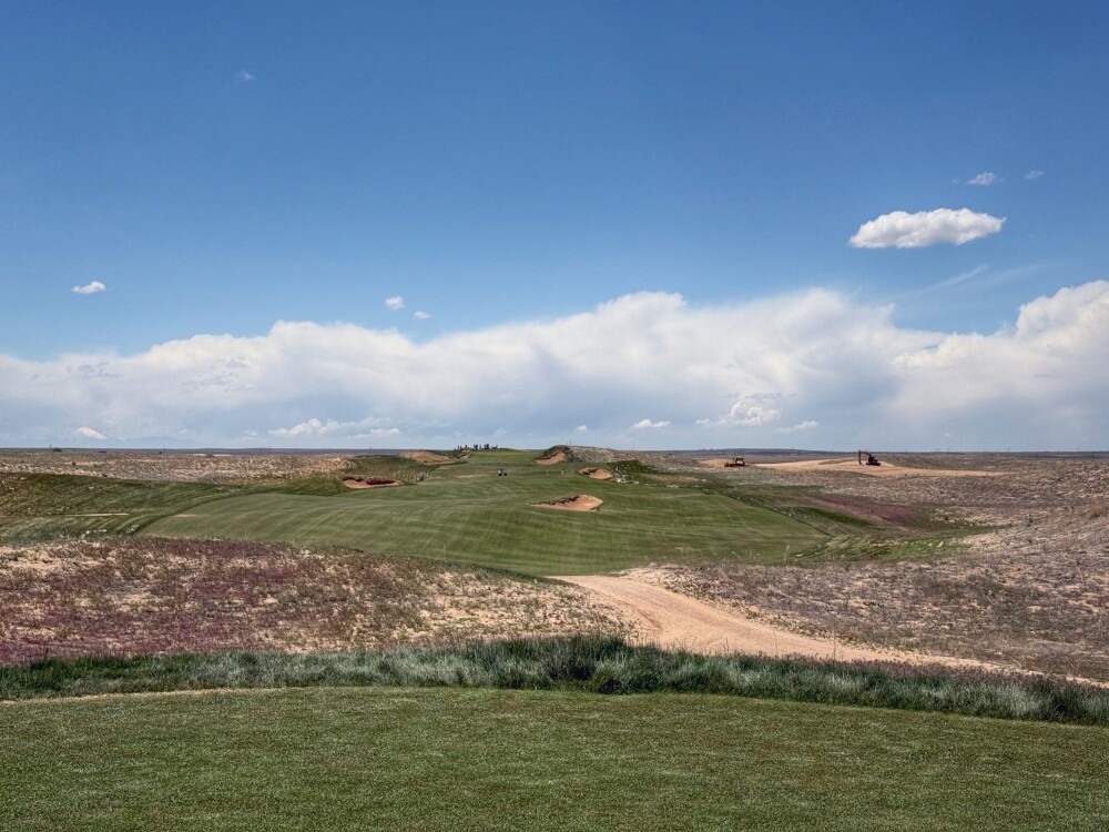Rodeo Dunes golf course, hole 18, view of entire hole and golf course construction beyond