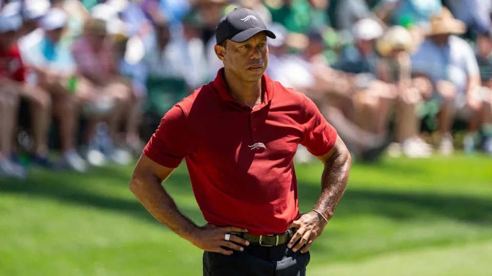 Apr 14, 2024; Augusta, Georgia, USA; Tiger Woods stands on the 16th hole during the final round of the Masters Tournament. Mandatory Credit: Kyle Terada-USA TODAY Network© Kyle Terada-USA TODAY Network.