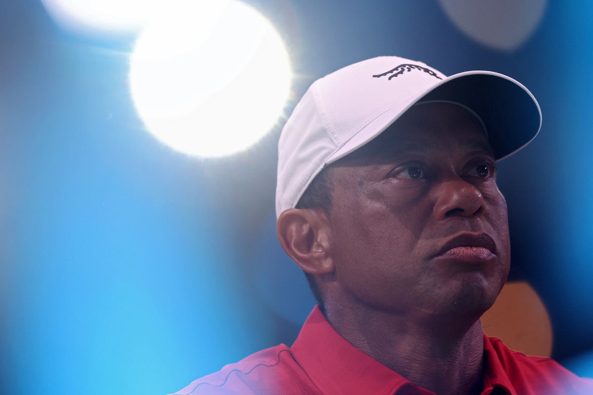 PALM BEACH GARDENS, FLORIDA - MARCH 24: Tiger Woods of Jupiter Links Golf Club looks on before the match against the Los Angeles Golf Club at SoFi Center on March 24, 2026 in Palm Beach Gardens, Florida. (Photo by Adam Glanzman/TGL/TGL Golf via Getty Images) 