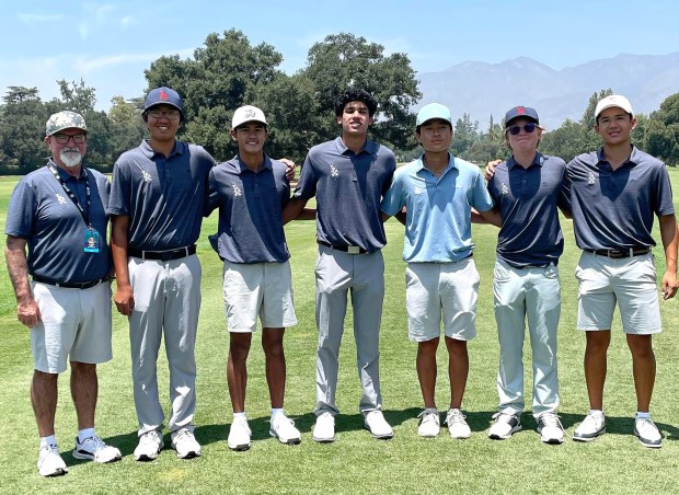 Los Alamitos boys golf coach John Haygood, pictured far left with his team, is The Register's Orange County coach of the year for 2026. (Courtesy of Sarah Reilly)