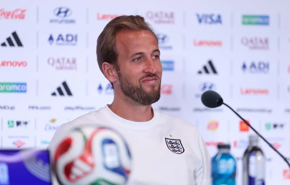 MIAMI GARDENS, FLORIDA - JULY 10: Harry Kane #9 of England looks on during a press conference one day ahead of the FIFA World Cup 2026 Quarter Final match at Miami Stadium on July 10, 2026 in Miami Gardens, Florida. (Photo by Richard Pelham/Getty Images)