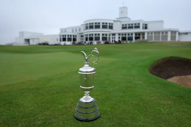 The Claret Jug on the 18th green at Royal Birkdale on April 27, 2026 in Southport, England.
