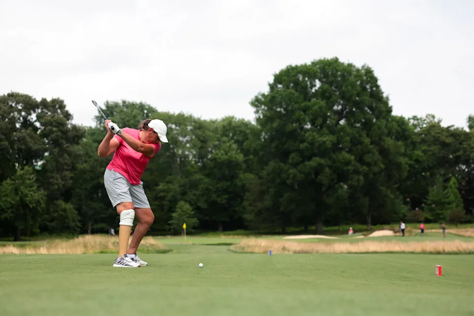 Kim Moore plays her tee shot on the 15th hole during the final round of the 2026 U.S. Adaptive Open at Woodmont Country Club (South Course) in Rockville, Md. on Wednesday, July 8, 2026. 