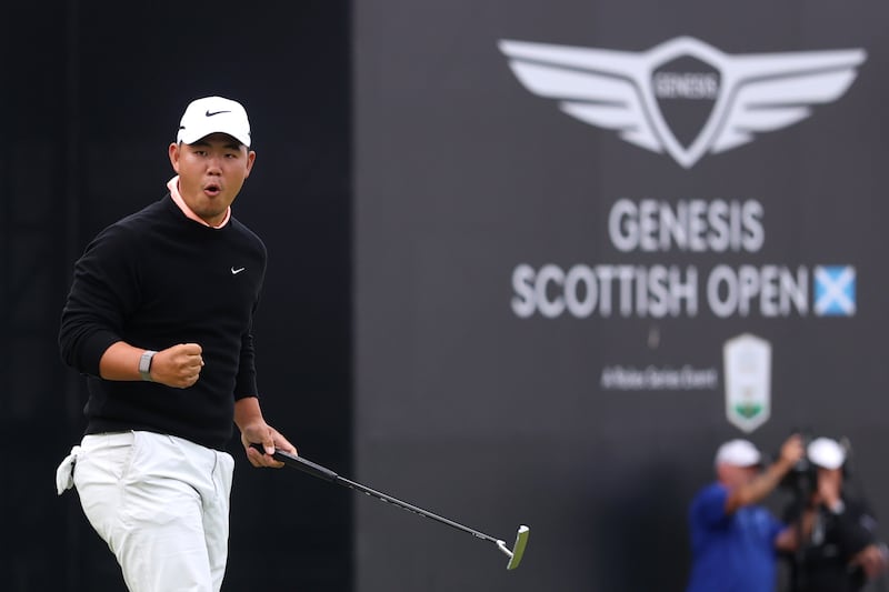 Tom Kim on the 18th green on day four of the Genesis Scottish Open. Photograph: Warren Little/Getty Images