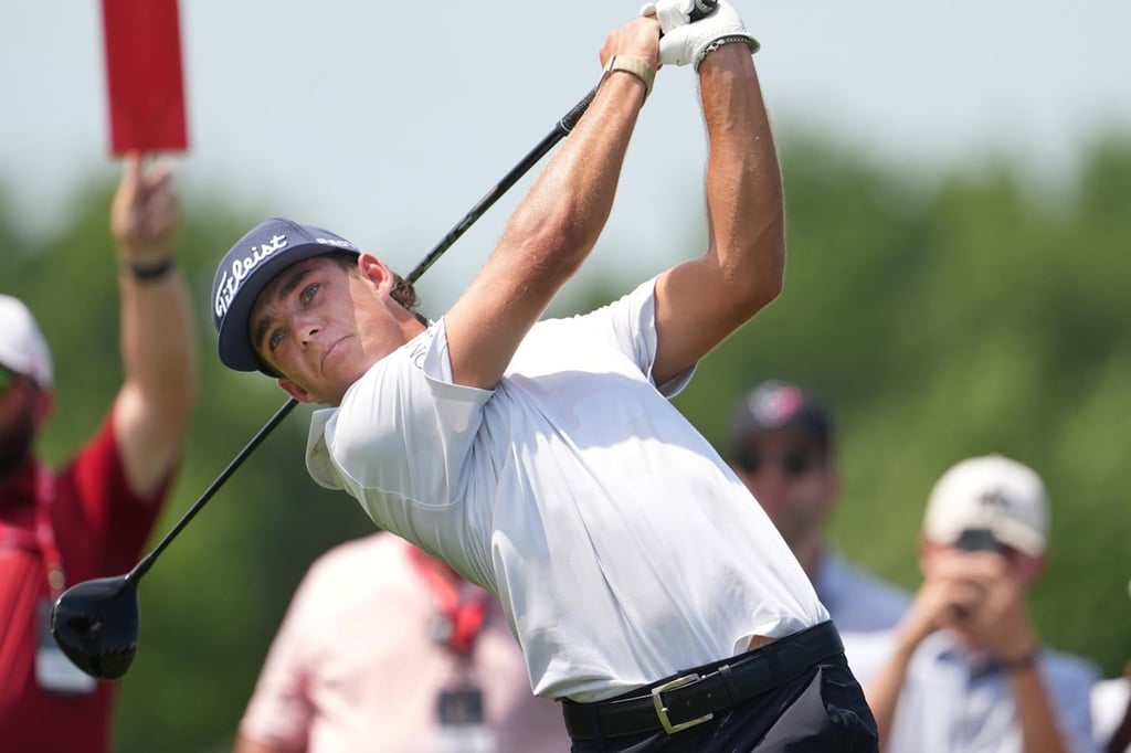 Jackson Koivun tees off on the ninth hole on the final day of the 3M Open in Blaine on July 26. Photo: TNS