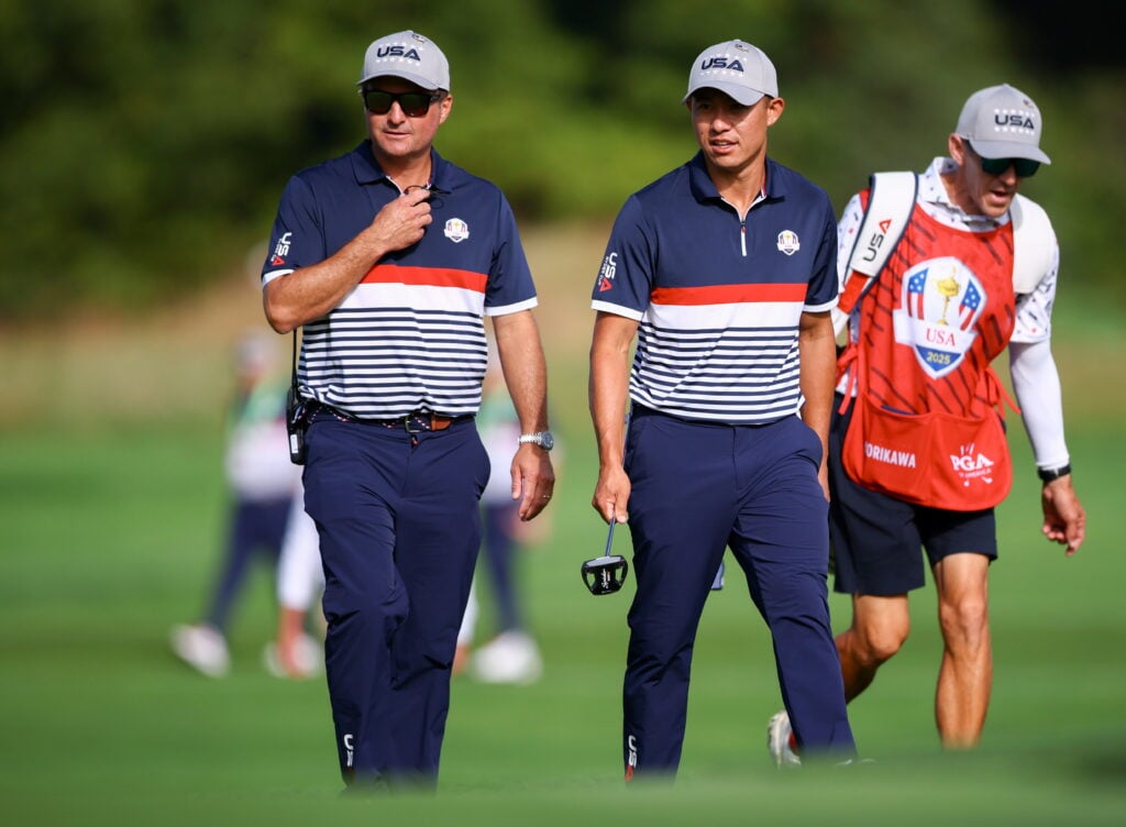 Kevin Kisner and Collin Morikawa during the morning foursomes on day one of the 2025 Ryder Cup at Bethpage Black
