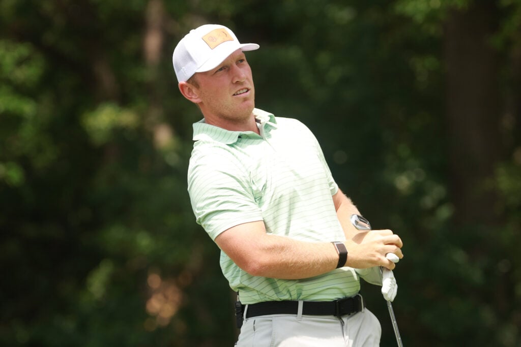 Brad Dalke reacts to his tee shot on the 11th hole during the first round of the Rocket Classic