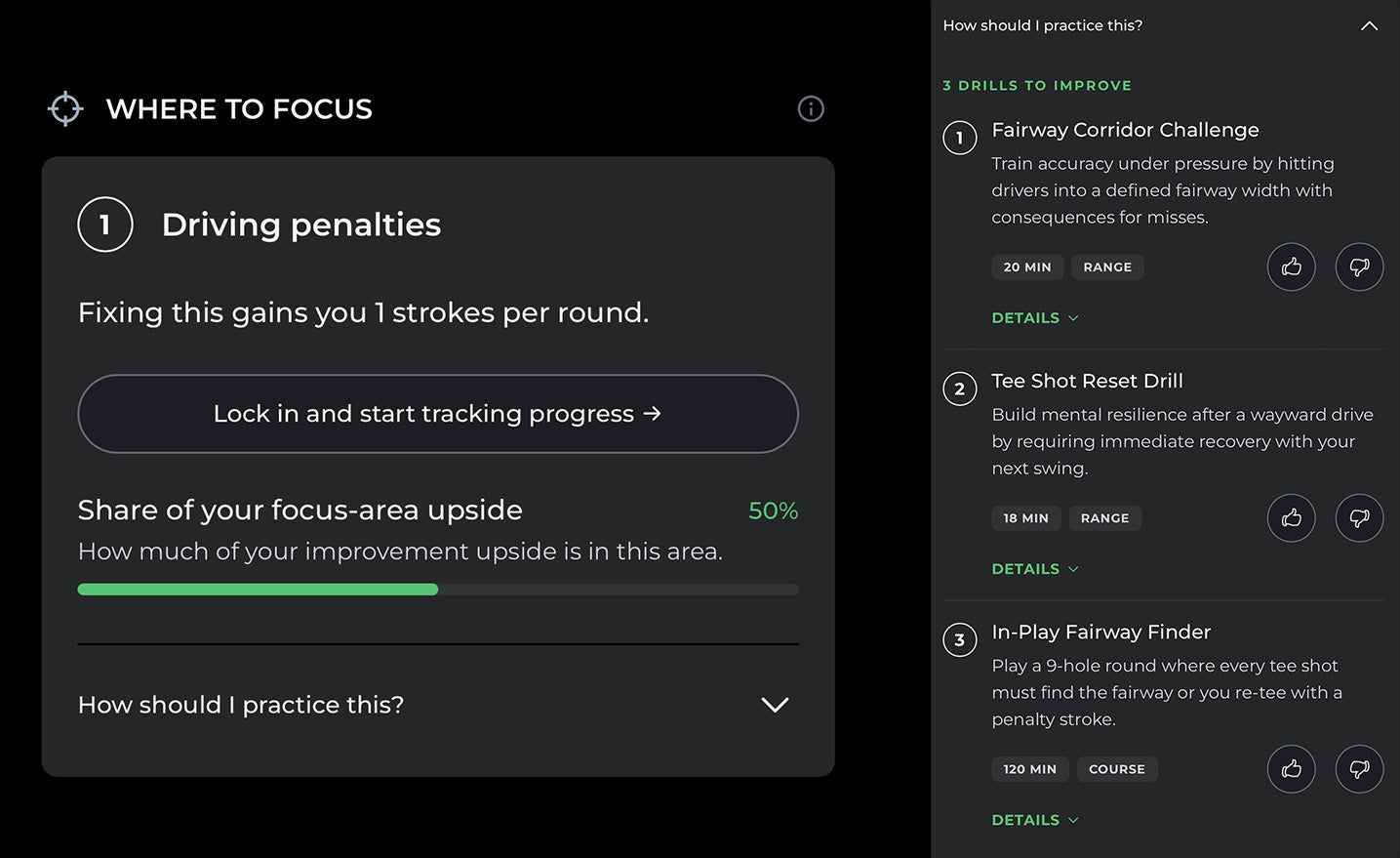 Golf improvement app screen showing a Driving Penalties focus area, with a 50% improvement upside. Powered by Arccos, this golf game improvement feature suggests drills like the Fairway Corridor Challenge, Tee Shot Reset Drill, and In-Play Fairway Finder—each complete with detailed instructions.