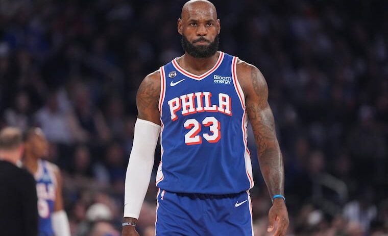 Philadelphia 76ers forward LeBron James looks on during the first half of an NBA basketball game against the New York Knicks Tuesday, Oct. 20, 2026, in New York.