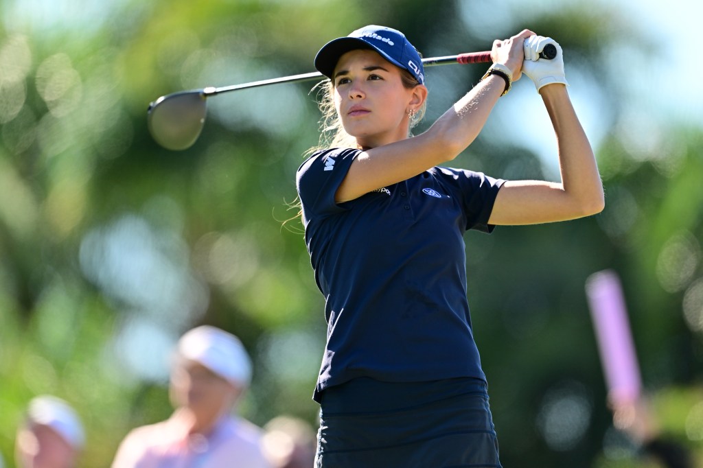 Amateur Kai Trump of the United States plays her shot from the 16th tee during the first round of The ANNIKA driven by Gainbridge at Pelican Golf Club in Belleair, Fla., Thursday, November 13, 2025.